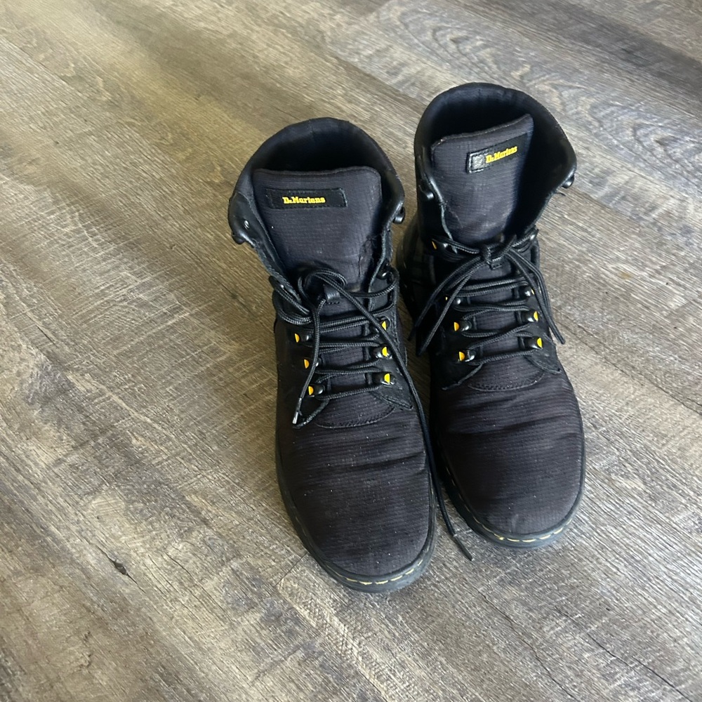 Dr. Martens Black Lace-Up Work-Style Boots with Yellow Accents